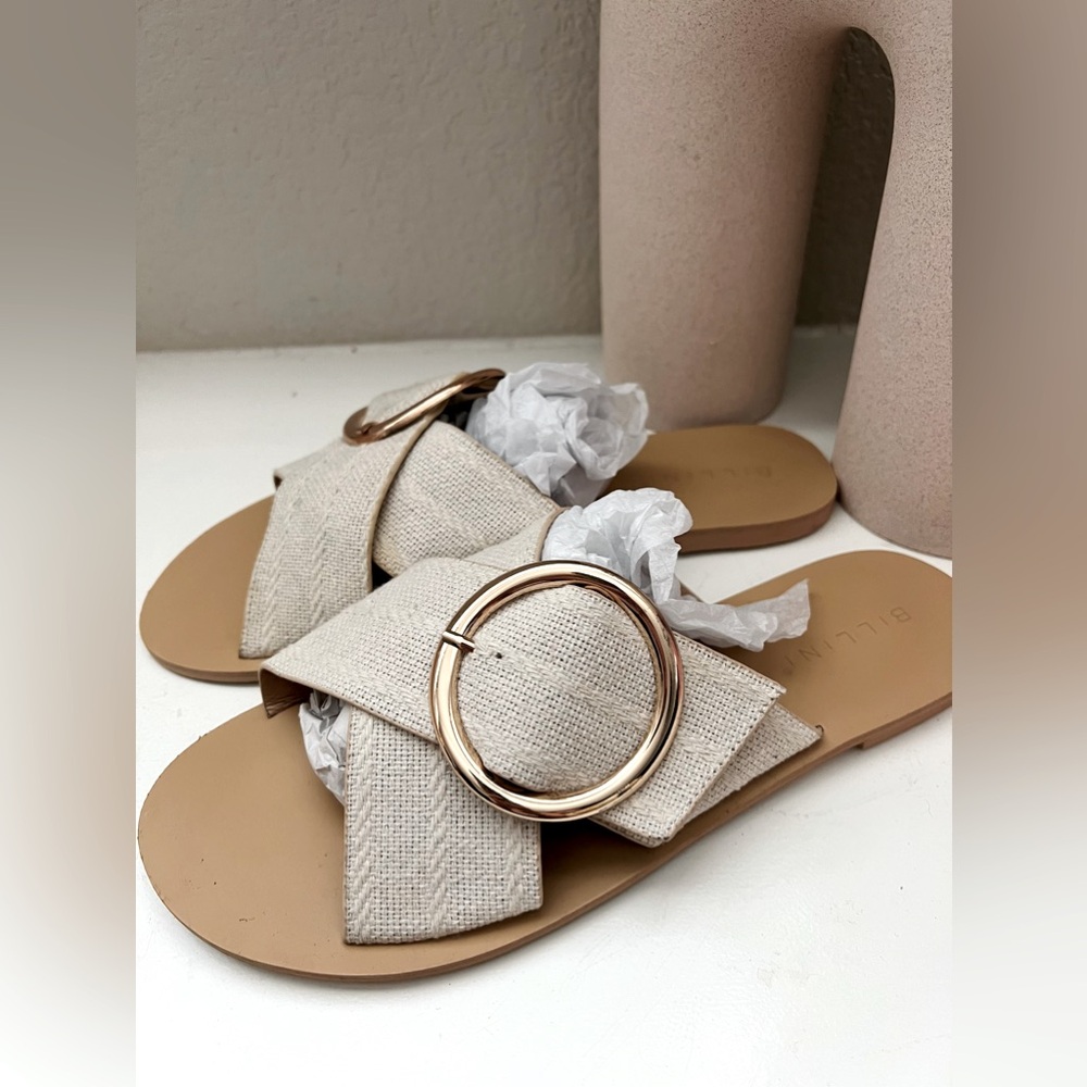 Billini Aruba Slides Slip on Top Adjustable Buckle Gold Tone Size 8 Flats Sandal